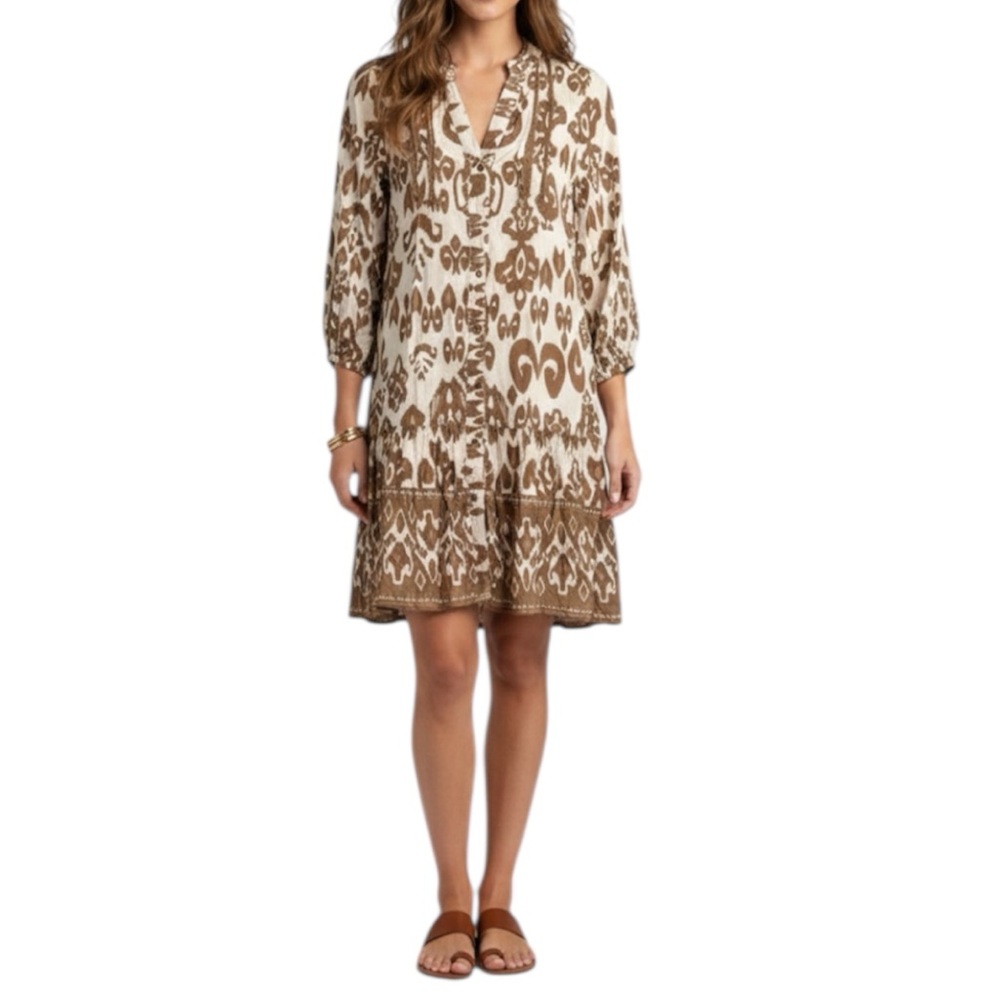 Salty Lemon Beige Abstract Boho Peasant Retro Long Sleeve Dress Size Small